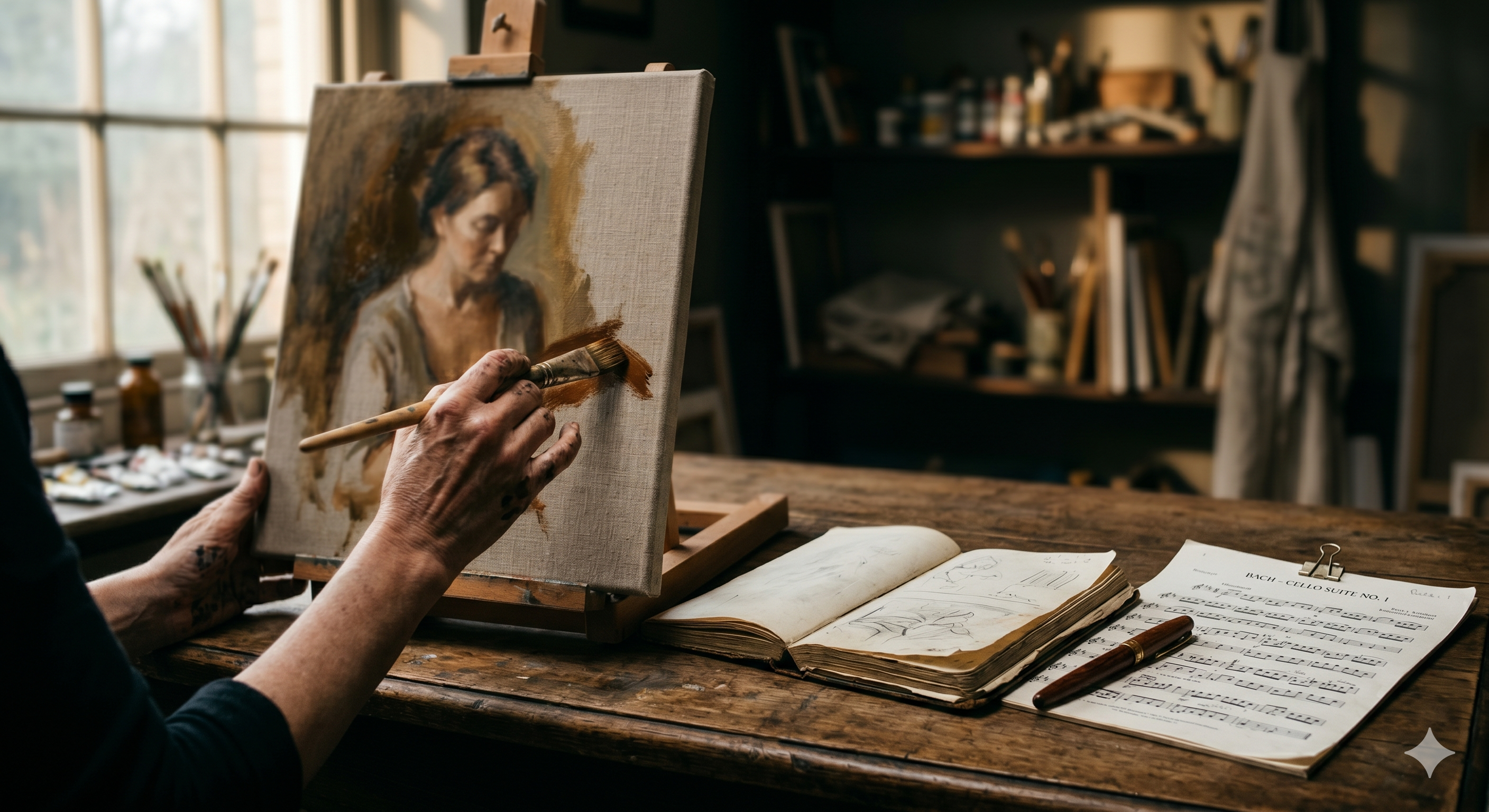 An artist's hands mid-brushstroke on a canvas, alongside a sketchbook, fountain pen and printed sheet music, conveying different creative disciplines protected by the same law.
