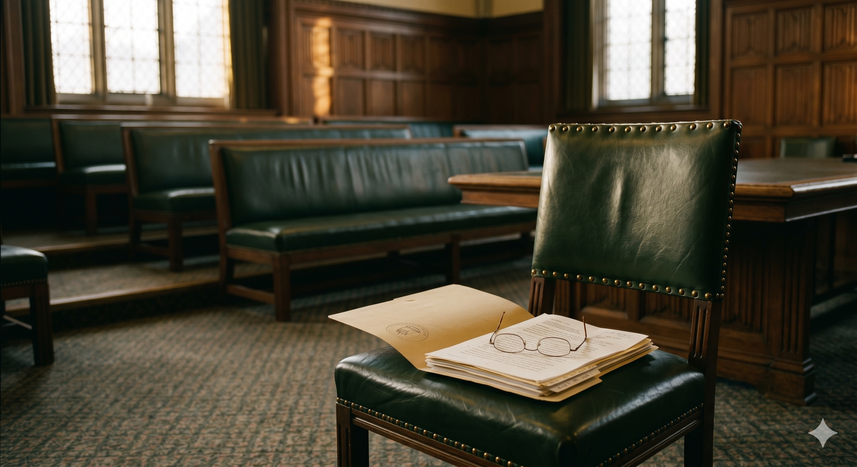 An empty leather chair and open folder in a Westminster-style committee room, suggesting a seat at the table waiting for the public.