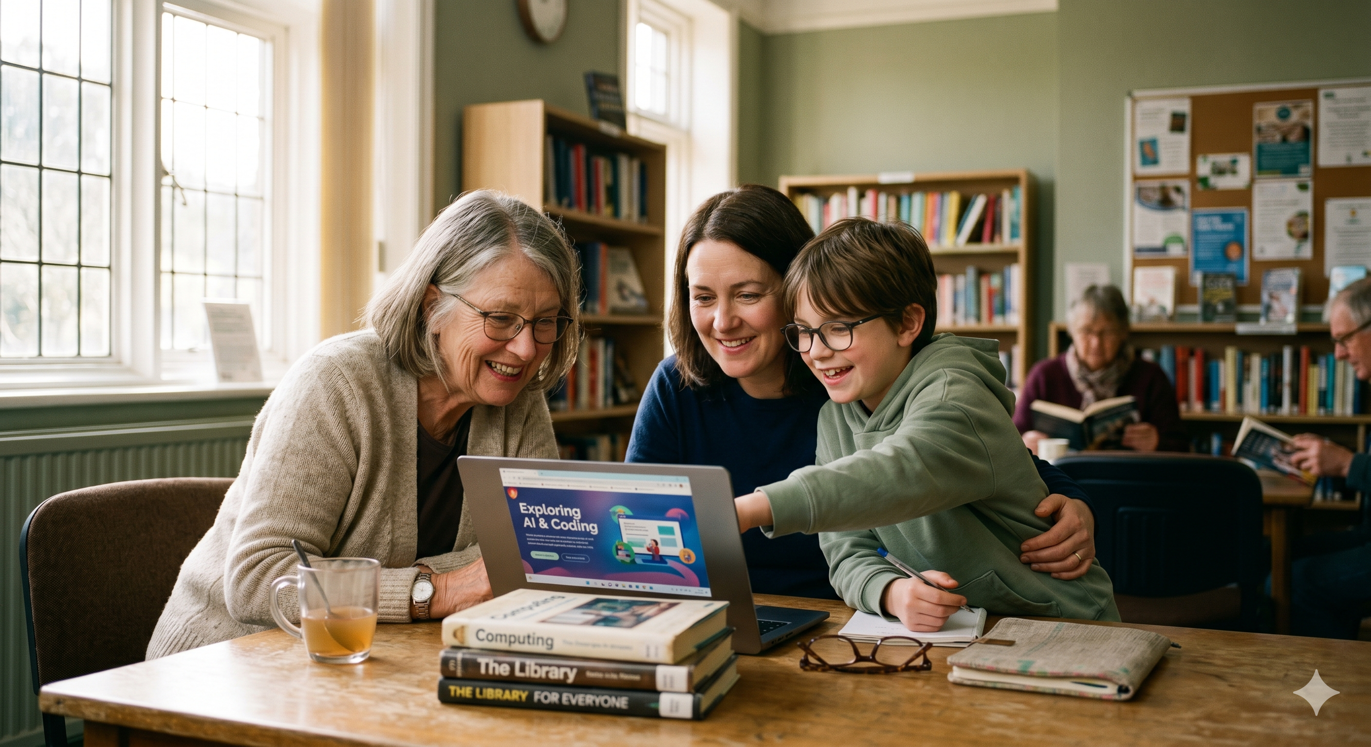 Three generations gathered around a single laptop in a community space, sharing a moment of discovery.